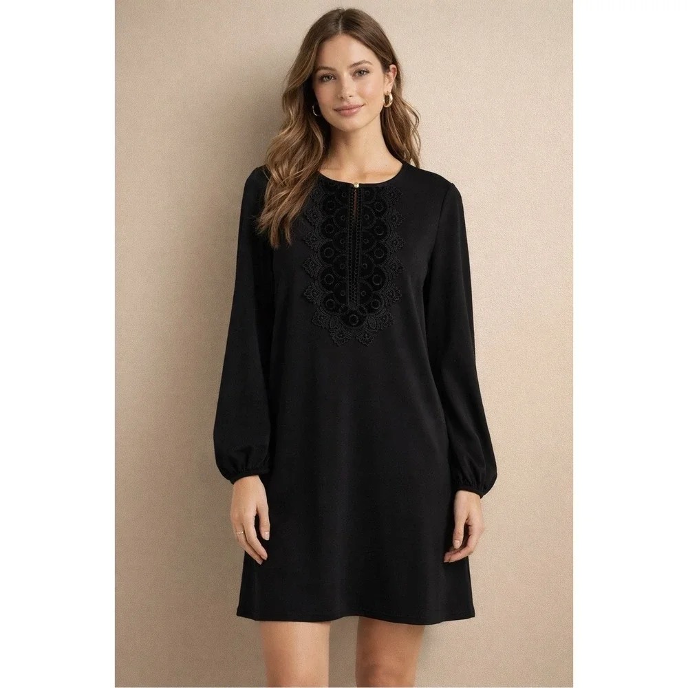 Michael Kors Dress Women M Black Embroidered Shift‎ Dress LS Boho Whimsygoth